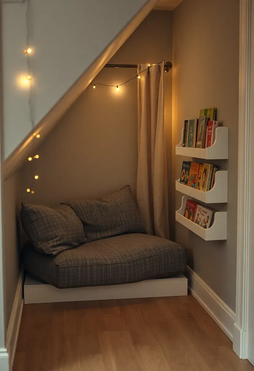 cozy reading nook built under basement stairs with cushions string lights and bookshelves