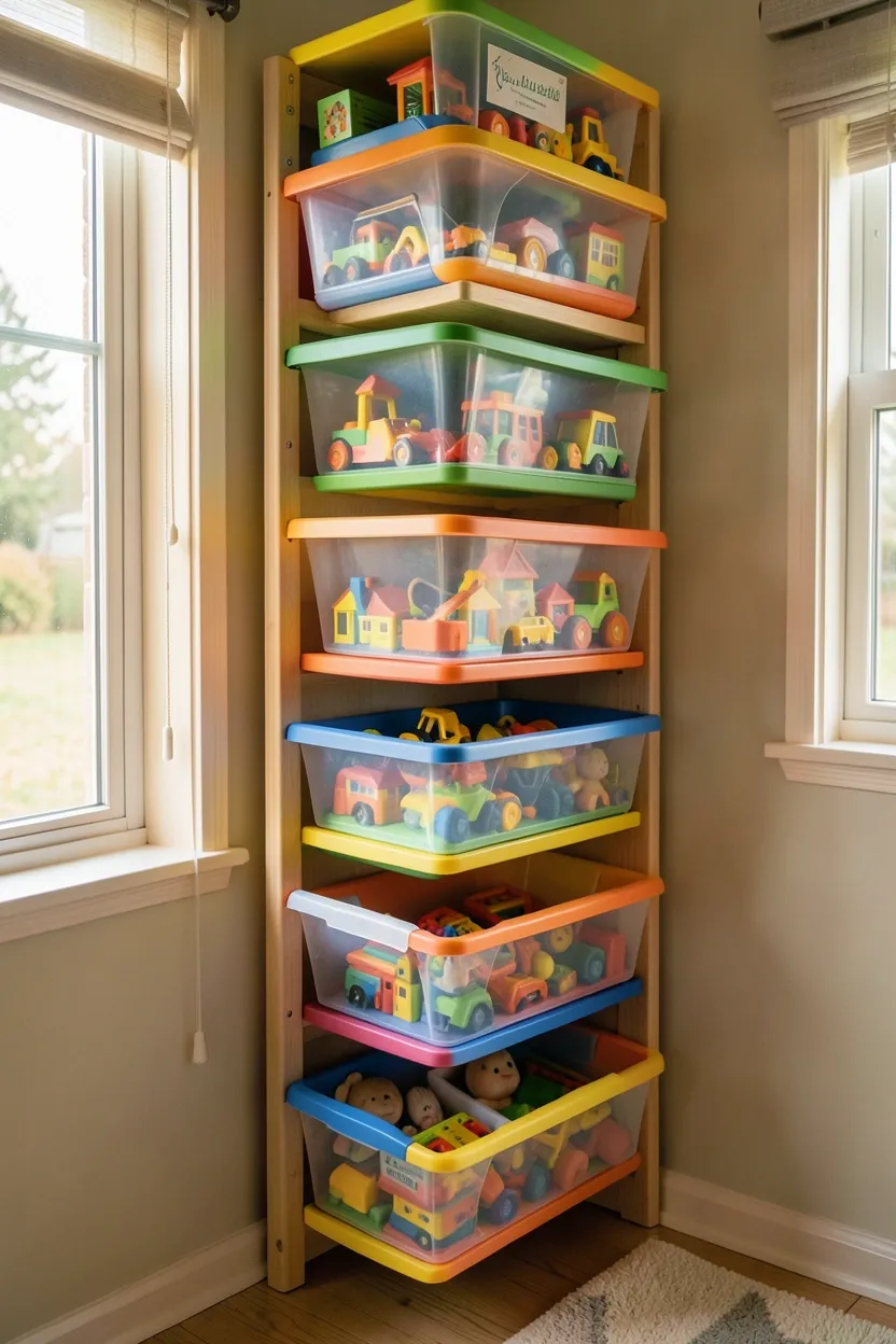 Floor-to-ceiling vertical toy storage unit with colorful labeled rotating bins in a small family room, toddler-height lower bins accessible for independent play