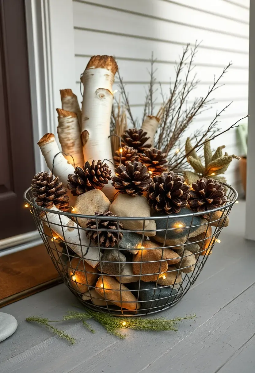 Hyper-realistic exterior shot of front porch featuring natural material display in large wire basket. Vintage galvanized wire basket (approximately 30 inches wide) filled with: birch logs of varying diameters (3-6 inches), large ponderosa and sugar pine cones, dried magnolia seed pods, interesting river stones, twigs with lichen. Warm white LED fairy lights woven throughout arrangement create gentle glow. Basket sits on painted wood porch floor near front door, fresh cedar sprigs scattered at base. White house siding visible in background, overcast gray sky. Materials: galvanized wire, birch wood, pine cones, seed pods, stones, twigs, LED lights. Soft daylight (4700K) from overcast sky creating detailed shadows on natural textures showing bark, cone scales, stone surfaces, organic wabi-sabi mood, medium composition showing basket as focal point, shallow depth of field foreground details. No text logos watermarks.</p>