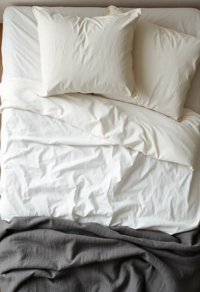 Layered neutral linen bedding with white, gray, and cream tones