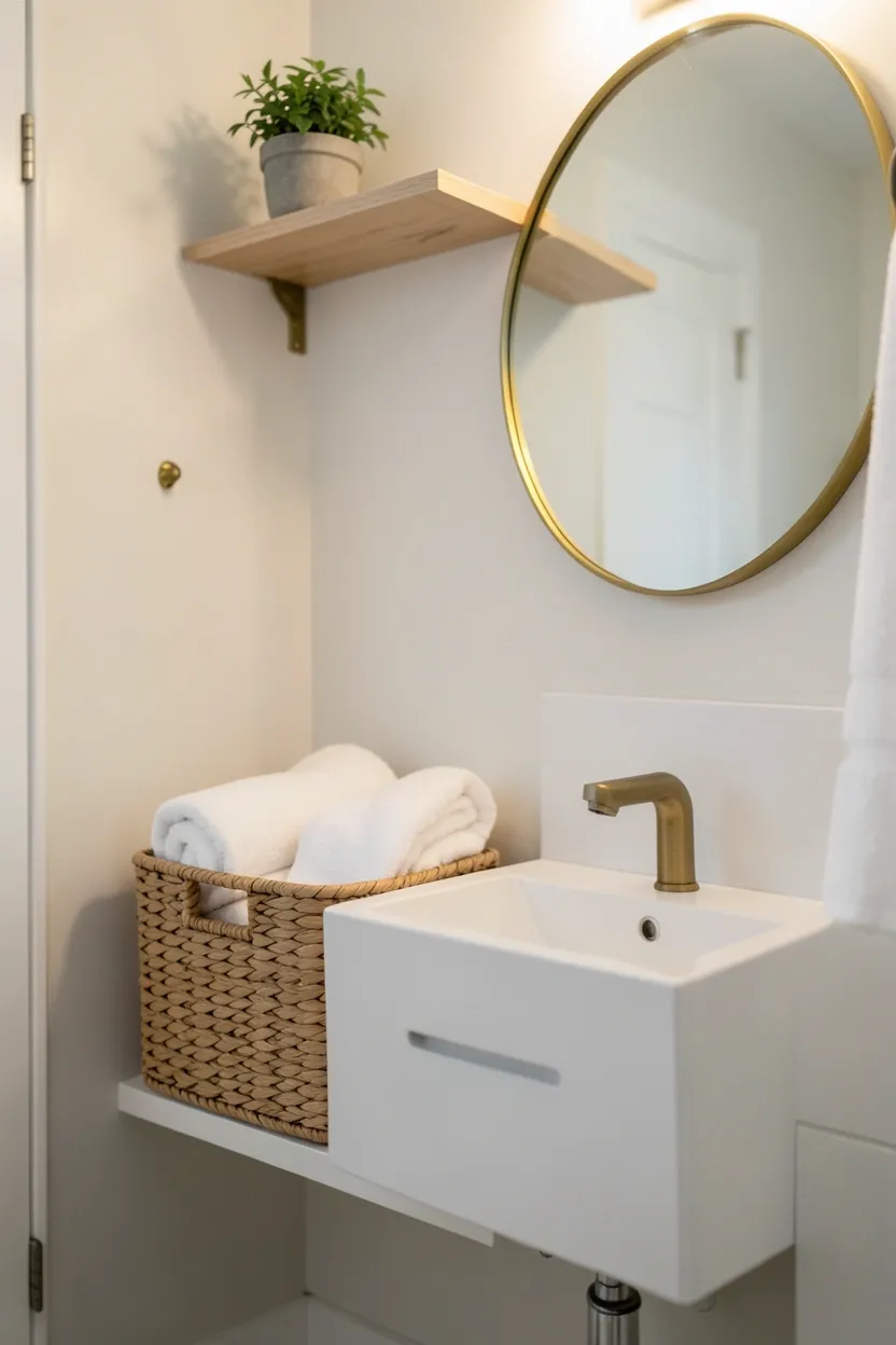 Seagrass and rattan woven baskets on bathroom shelves holding rolled towels and toiletries, adding organic texture to a rental bathroom