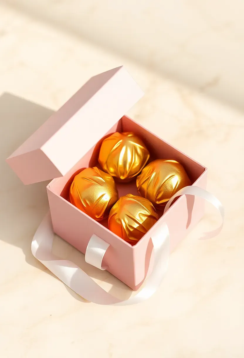 small box of assorted chocolate truffles with gold foil wrapping in a pale pink gift box tied with a white satin ribbon