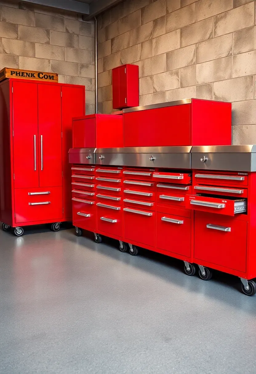 Row of matching red rolling tool cabinets lined up along a garage workshop wall with a stainless steel countertop running across the top