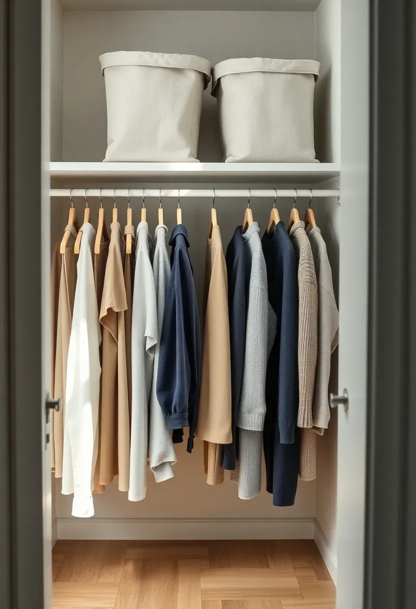 Hyper-realistic detail shot of an organized minimalist closet showing neat row of white wooden hangers with coordinated neutral-colored clothing (beige, gray, navy), three canvas storage bins on top shelf, visible wooden floor, soft natural light from window. Empty space visible between garments allowing easy access and visibility. Materials: white painted wood, cotton canvas, wool and cotton garments, light oak flooring. Daylight from left creating gentle shadows. Orderly calm aesthetic like Martha Stewart organization feature. No text, no logos, no watermarks.</p>