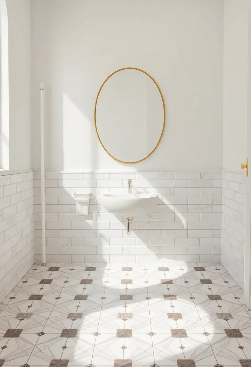 Windmill pattern mosaic tile floor in white and gray marble in a bright airy bathroom with oval mirror