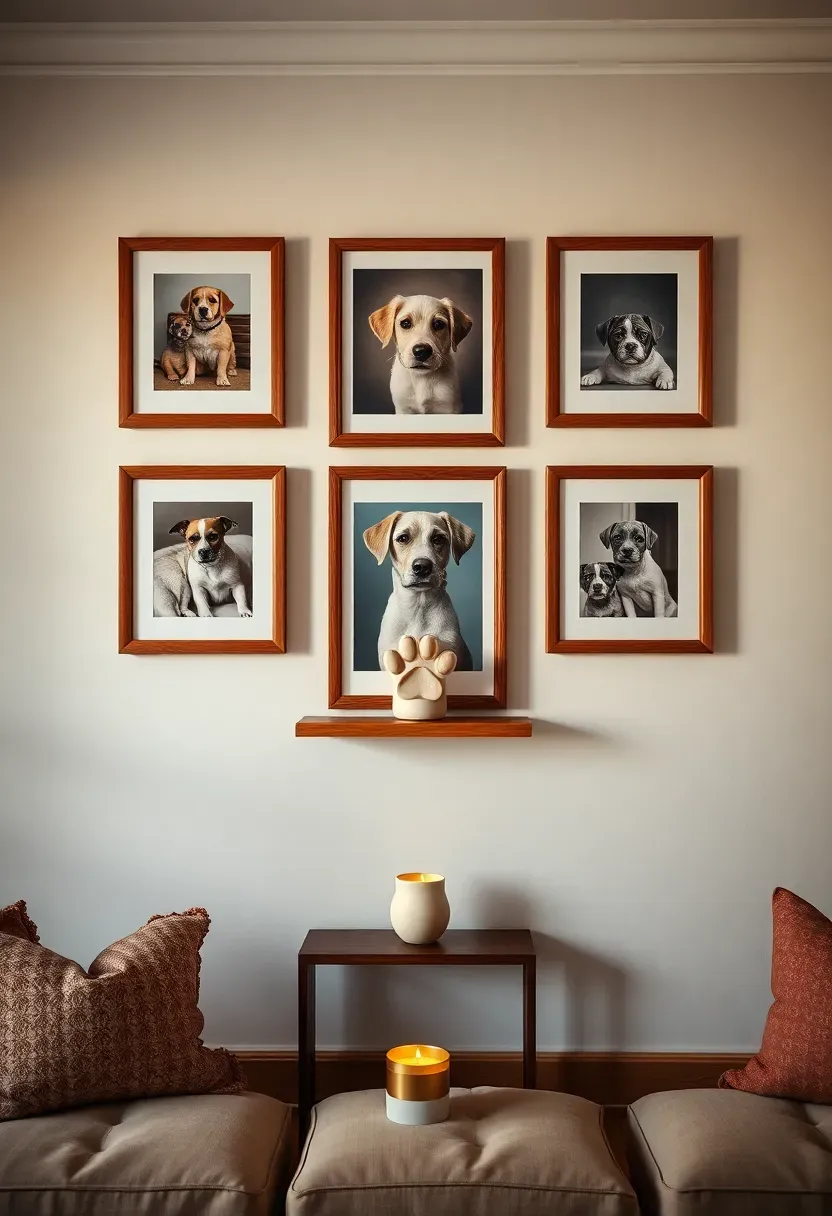 Living room gallery wall with symmetrical grid of warm oak pet photo frames, larger central portrait, small shelf below with ceramic paw-print keepsake and brass votive candle