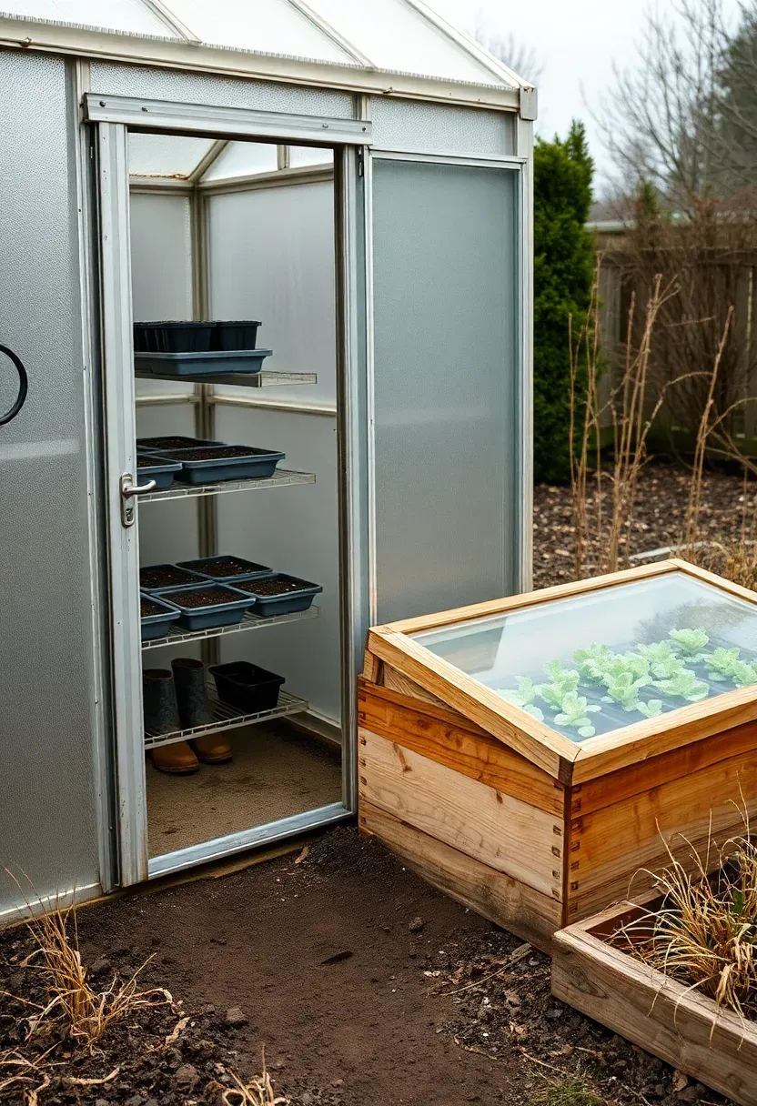 A small backyard greenhouse with a cold frame beside it, seedlings visible inside, surrounded by garden beds in early spring