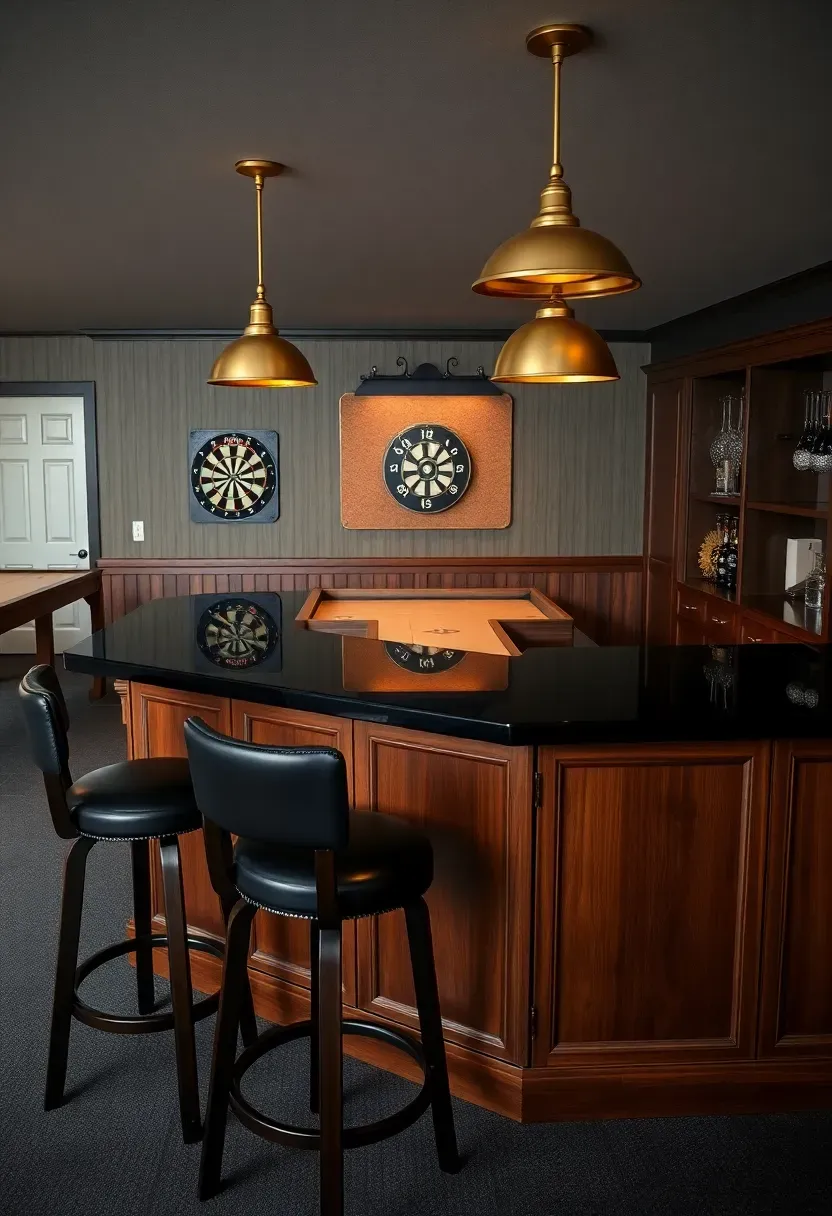 Basement bar and entertainment layout with a U-shaped bar counter, pendant lights, dart board, shuffleboard table, and lounge seating beyond