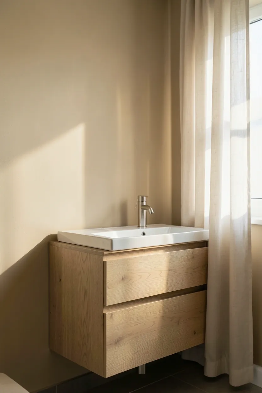 Cozy rental bathroom with warm beige walls, natural wood vanity, and open shelving — organic apartment bathroom color scheme