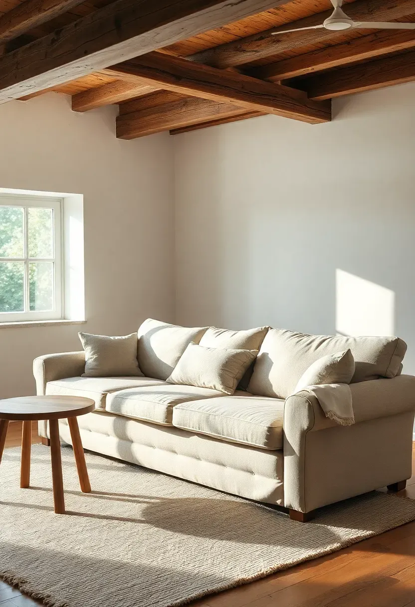 Hyper-realistic 3/4 view of cream linen sofa in rustic minimalist living room with exposed beam ceiling. Materials: relaxed oatmeal linen upholstery, light wood side table, wool rug, minimal throw pillow. Soft natural daylight from window, gentle shadows showing linen texture. Clean composition with sofa as room anchor. No text, no logos, interior design magazine style.</p>