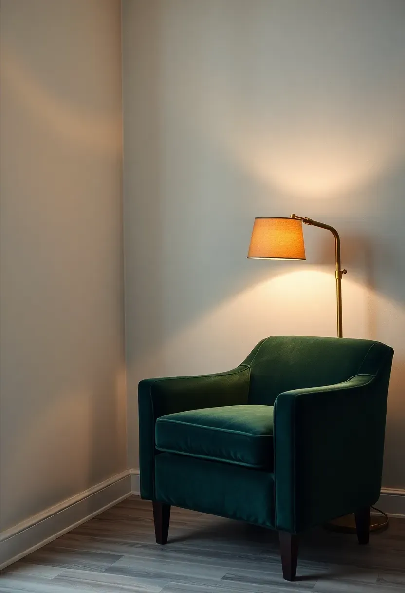 Soft cloudy limewash paint finish in warm white on a basement accent wall with a velvet armchair and reading lamp
