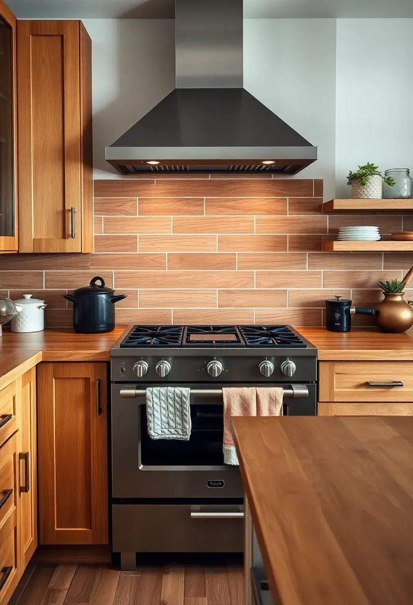 wood-look ceramic plank tile backsplash behind stove in warm oak tones creating unexpected warmth in a modern kitchen