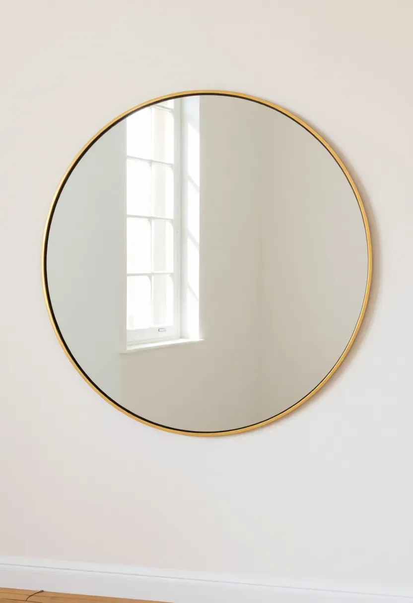 Hyper-realistic straight-on view of large circular mirror (48-inch diameter) with minimal thin brass frame hung on white wall. Mirror reflection showing window with daylight and part of room. Light oak floor below. Materials: thin brass rim, clear mirror glass, subtle warm reflection. Bright daylight from reflected window visible in mirror. Soft geometric contrast mood. Shallow depth of field showing brass frame texture and mirror clarity. No text, no logos, no watermarks.</p>