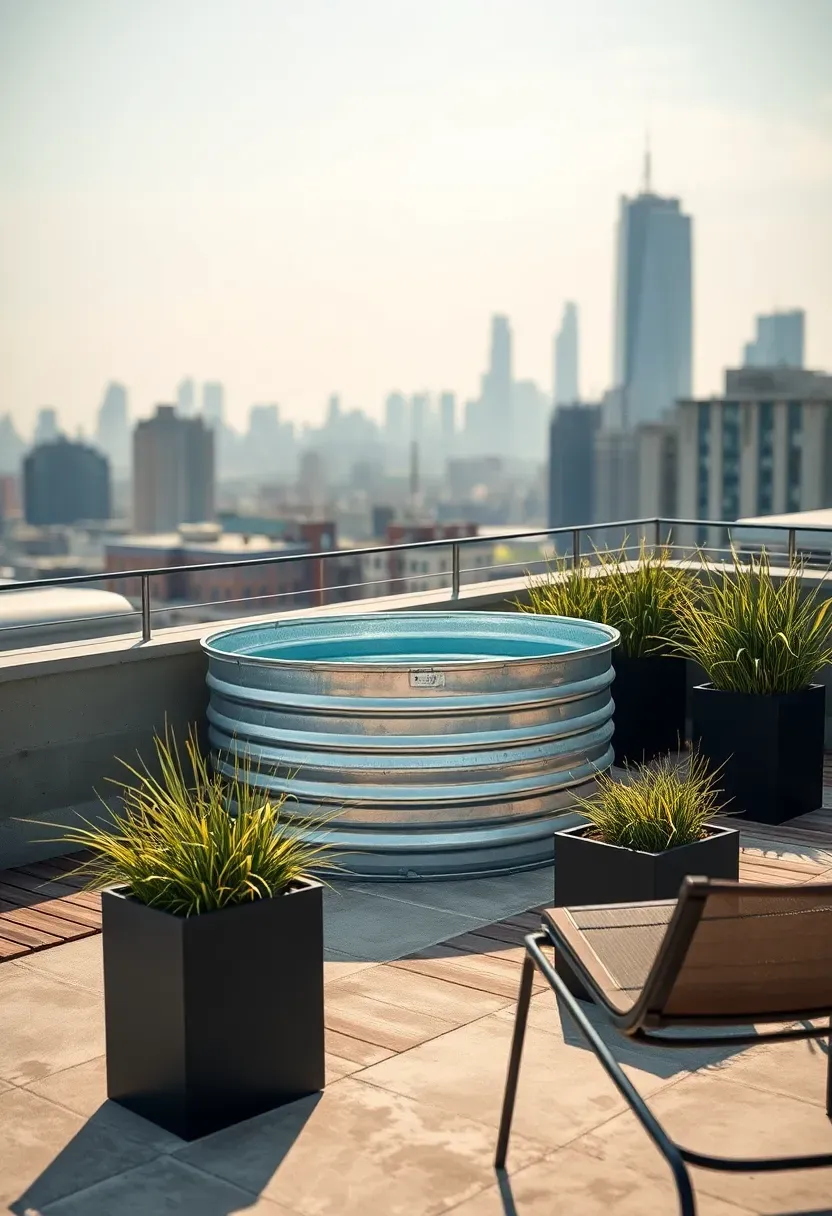 Small stock tank pool on an urban rooftop terrace with city skyline in background, potted plants, and modern outdoor furniture
