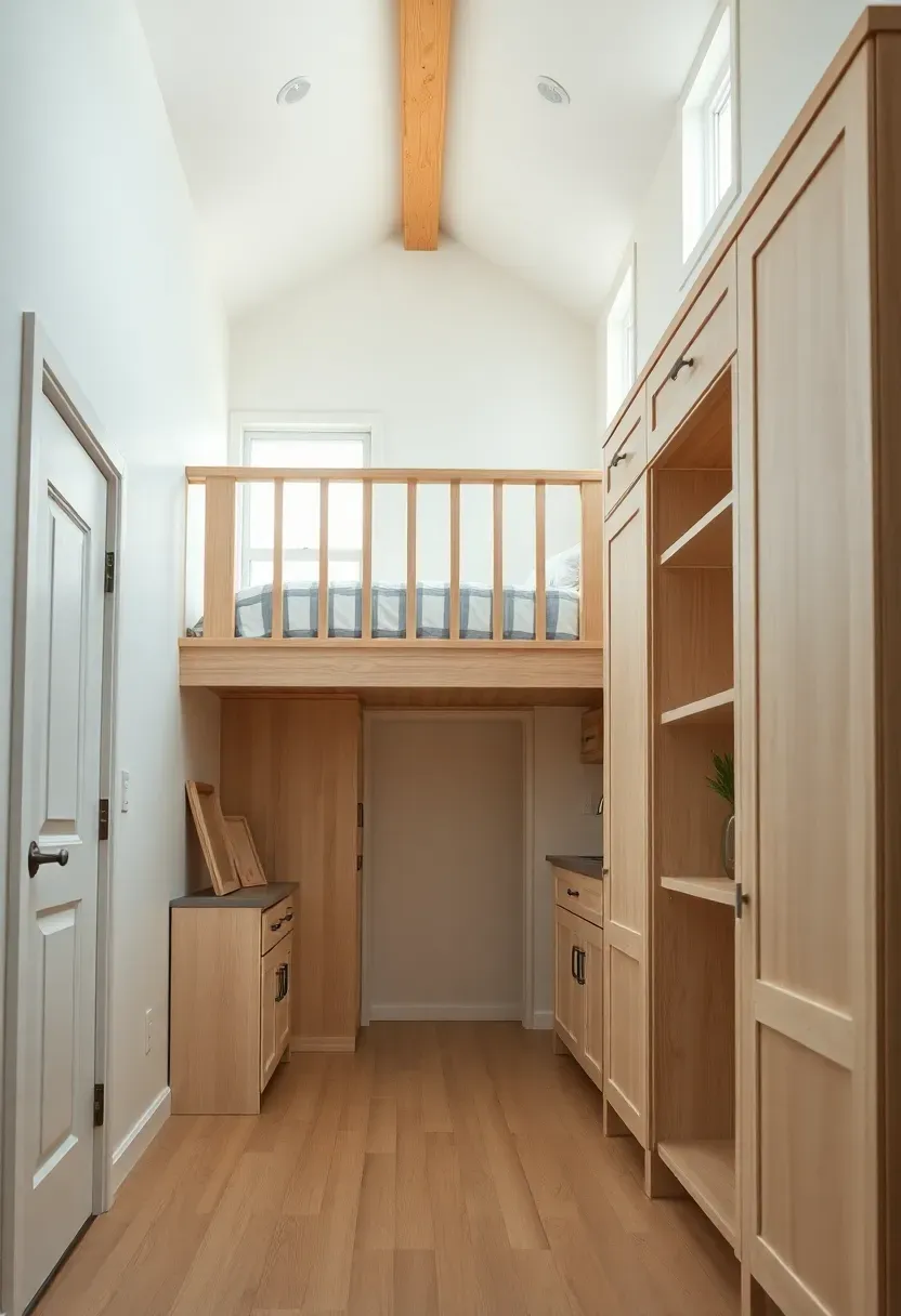 Hyper-realistic 3/4 view of a tiny house with high ceilings, sleeping loft above, tall storage cabinets, full vertical use. Materials: white oak floor, white oak loft railing, matte white walls, tall storage. Warm diffused window light, creamy neutrals with vertical emphasis. Mood: spacious, efficient, airy. Shallow depth of field, sharp details, balanced composition, soft shadows, visible room context. No text, no logos, no watermarks.</p>