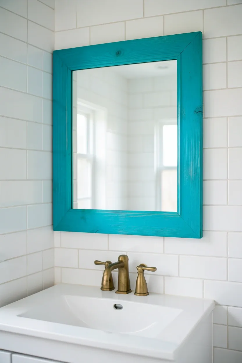Hyper-realistic eye-level photograph of a modern colorful bathroom featuring rectangular mirror with turquoise painted wooden frame, mounted on white subway tile wall, white vanity with brass faucet below. Natural light reflecting off turquoise frame. Materials: turquoise painted wood frame, mirror glass, white ceramic tiles, brass fixtures, white wood. Vibrant turquoise mirror frame. Bold blue-green color. Clean modern aesthetic. No text, no logos, no watermarks.