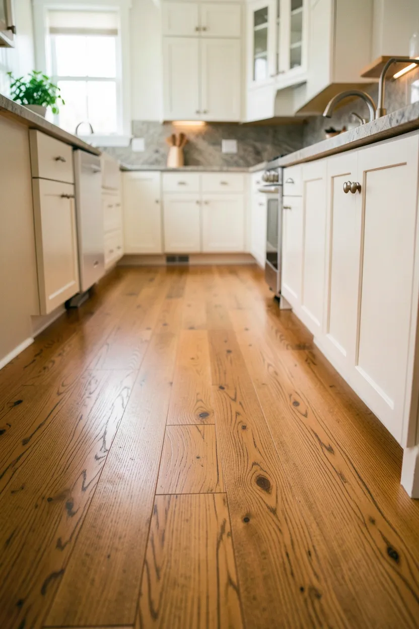 Wide-plank oak hardwood floors with matte satin finish creating a warm natural foundation through an open-concept organic modern kitchen
