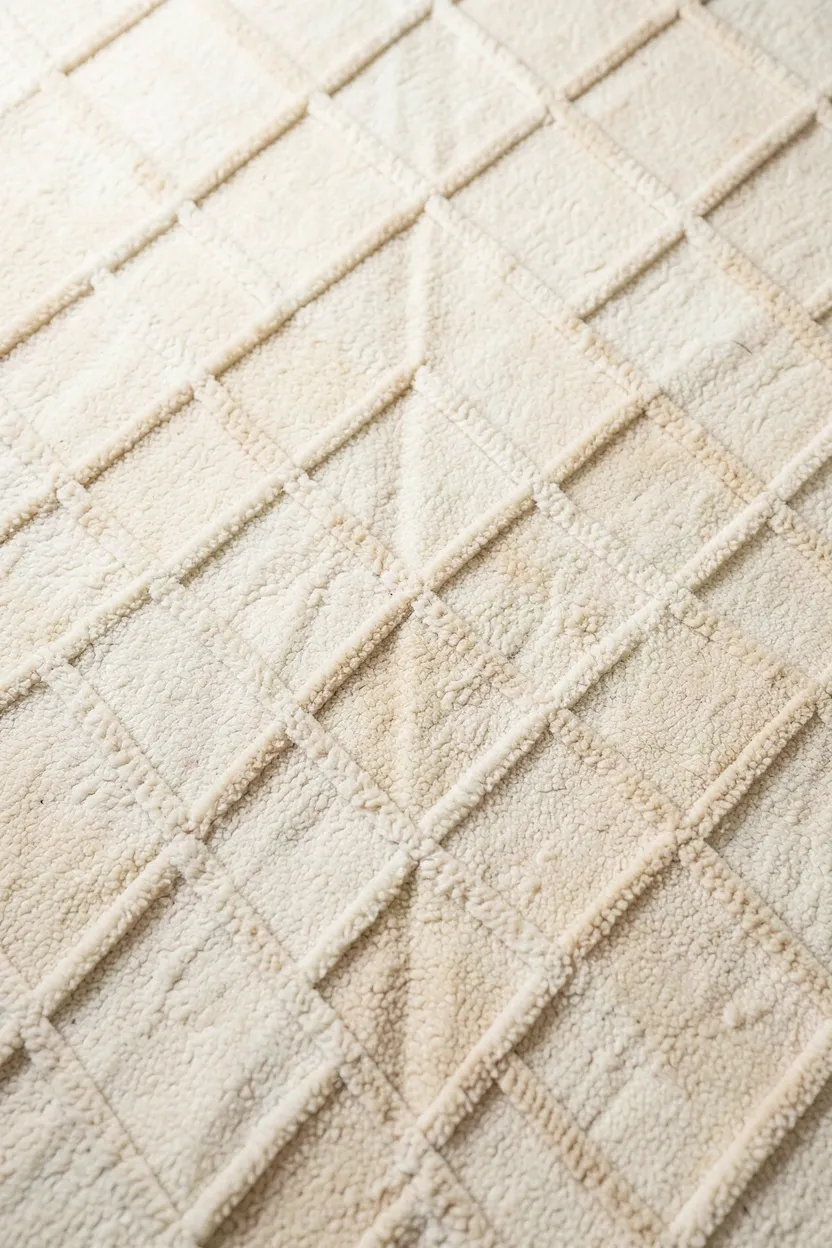 Layered neutral wool area rugs in cream and warm beige defining the seating area on light oak floors in a Nordic living room