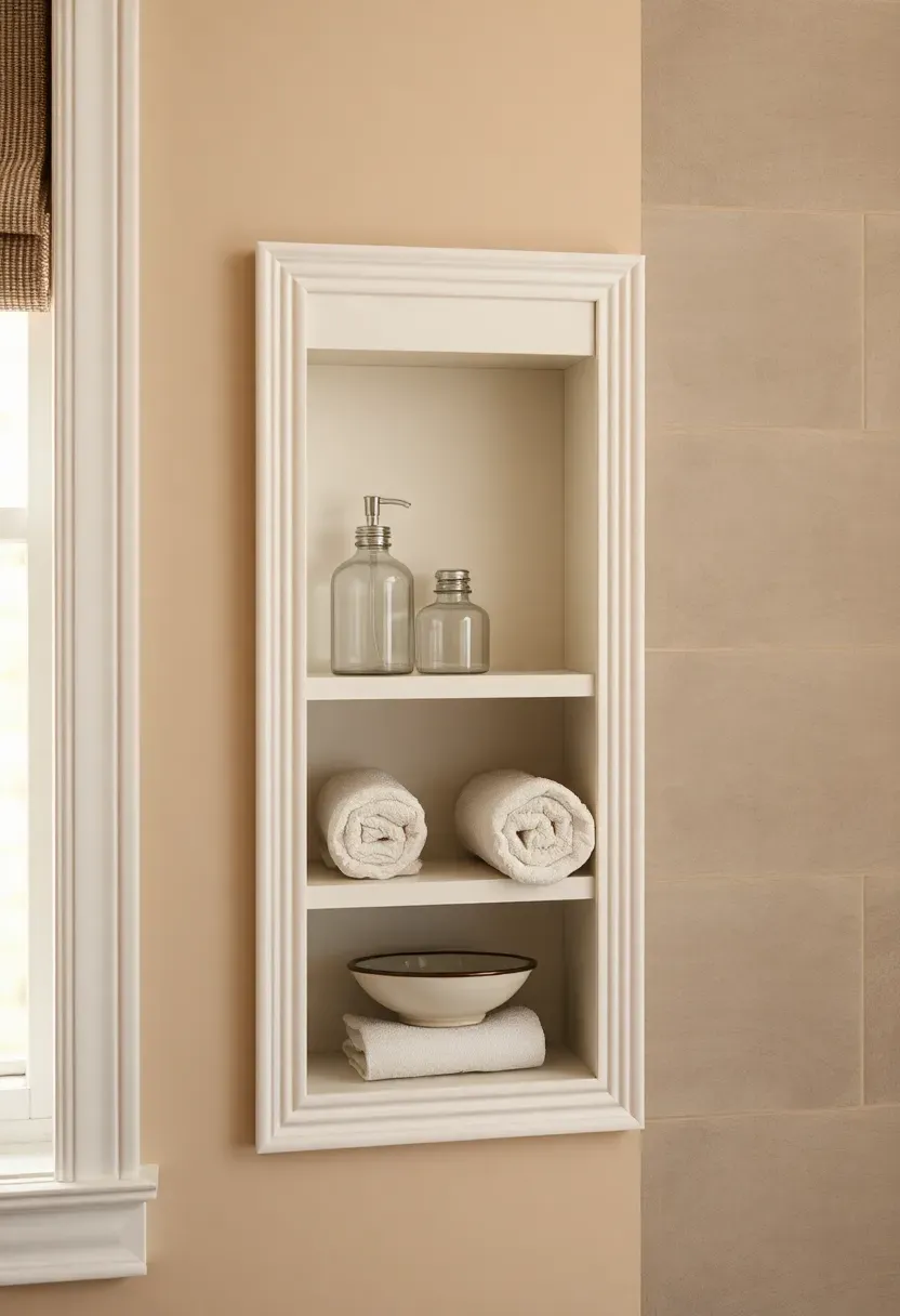 Narrow between-stud built-in bathroom storage with small shelves holding toiletries and rolled washcloths