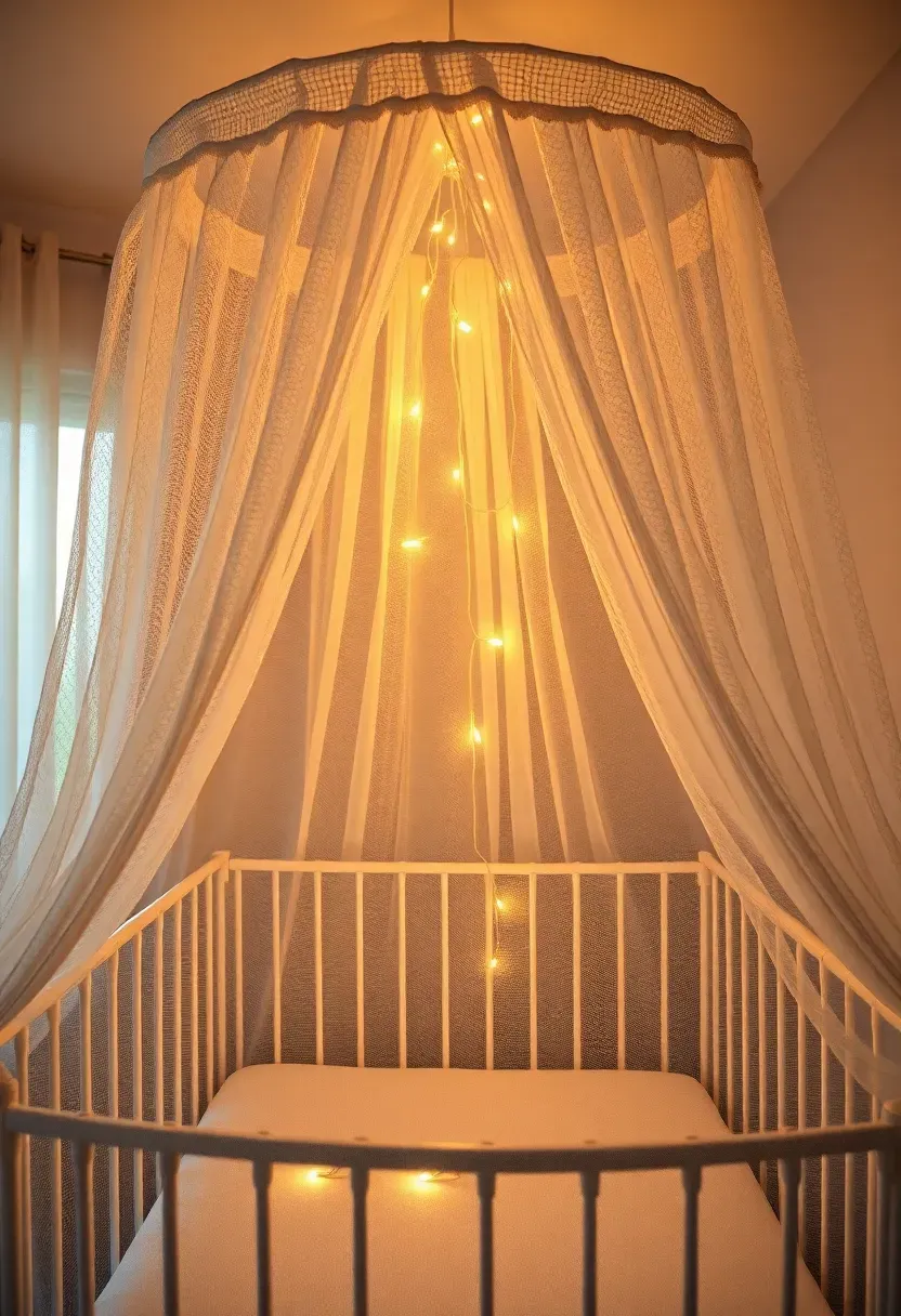 sheer lace canopy draped over white crib in romantic shabby chic nursery with fairy lights