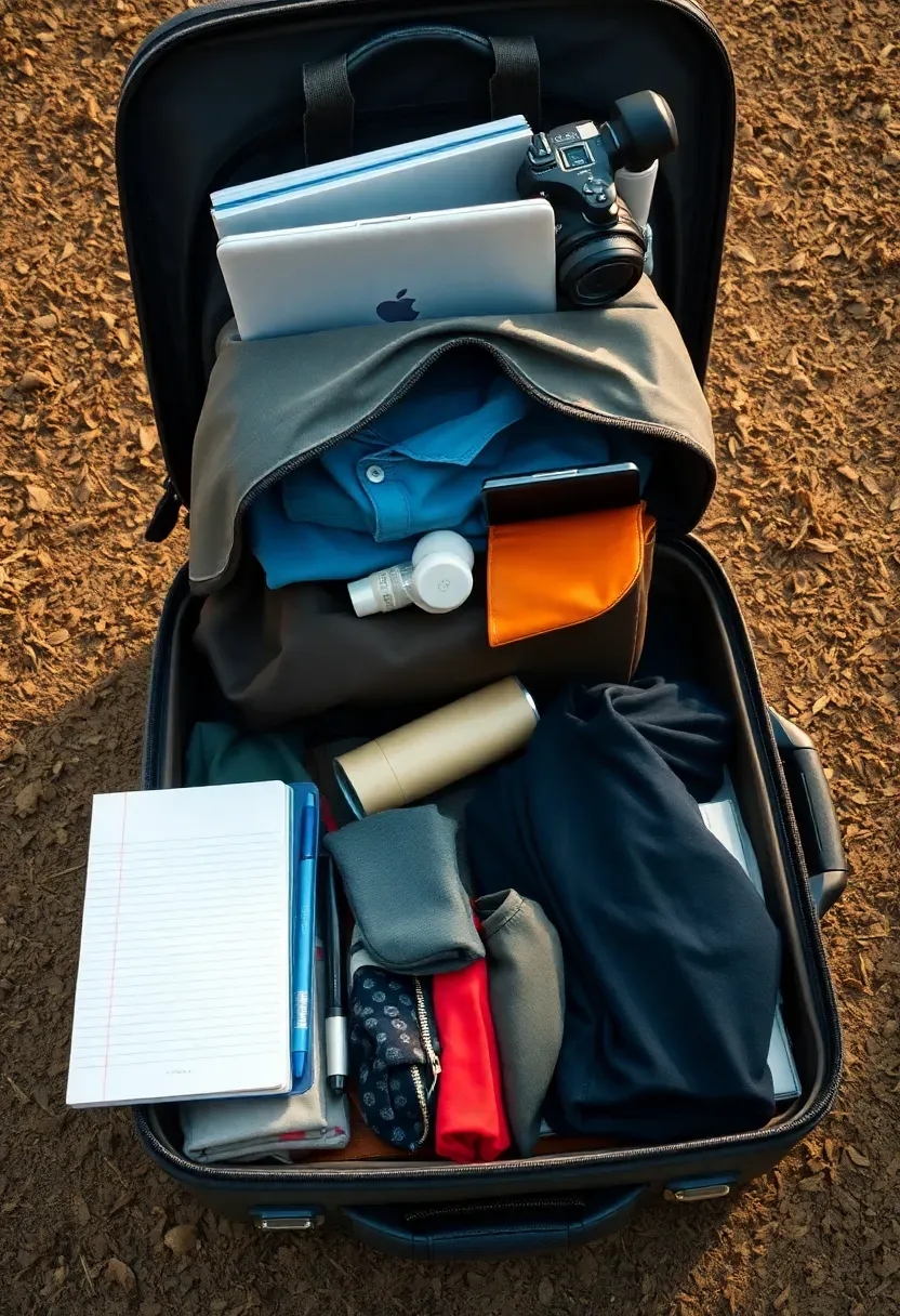 Hyper-realistic view of extreme minimalist travel packing. Small backpack or carry-on bag showing all possessions for international trip: 3-4 days of clothing, toiletries, laptop, notebook. Open suitcase showing minimalist capsule wardrobe. No checked luggage, no excessive 