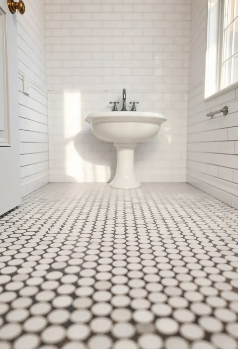 Bathroom floor covered in white penny round mosaic tiles with dark gray grout lines next to a pedestal sink
