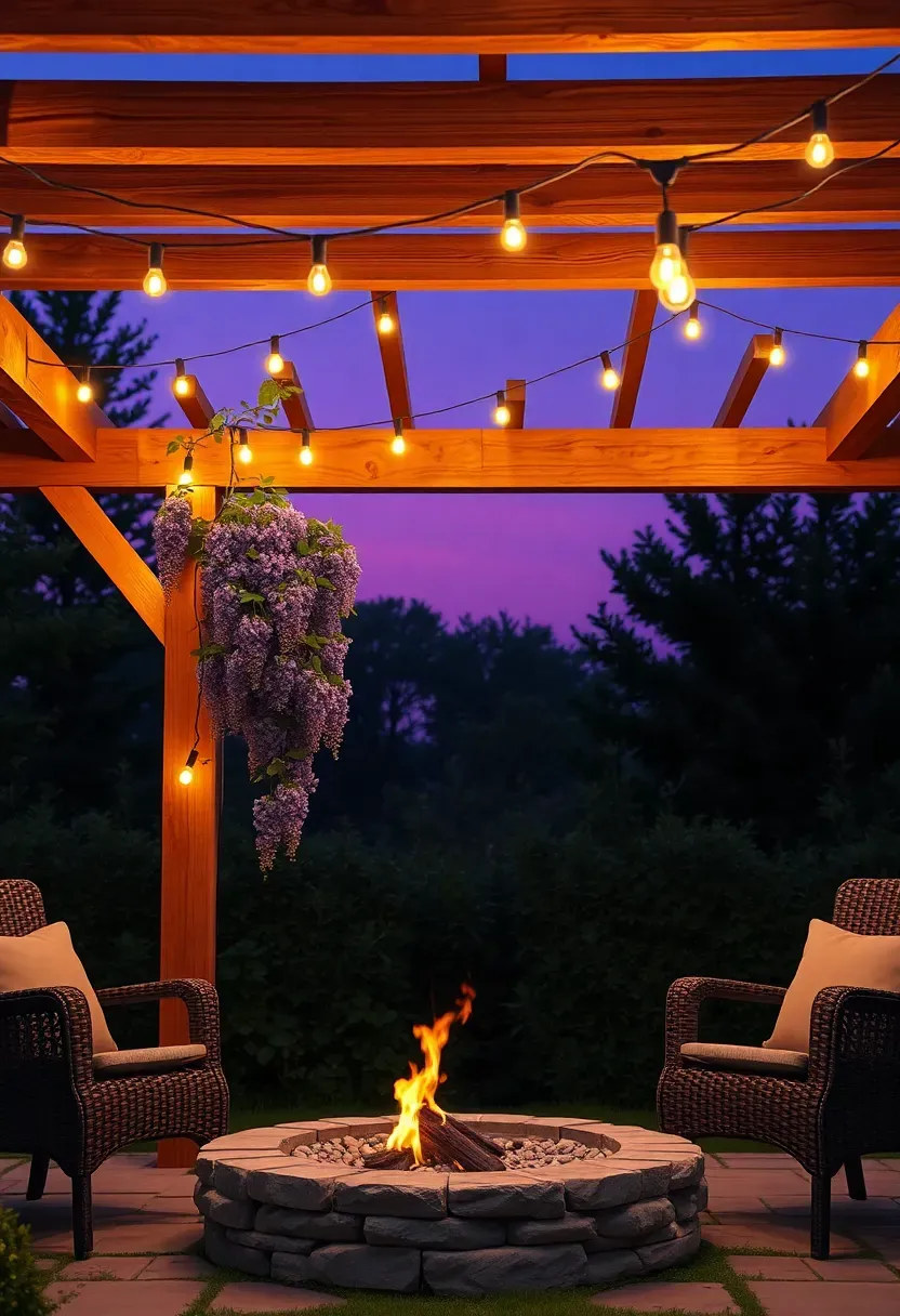 A stone firepit beneath a cedar pergola draped with string lights and climbing plants in a backyard at dusk