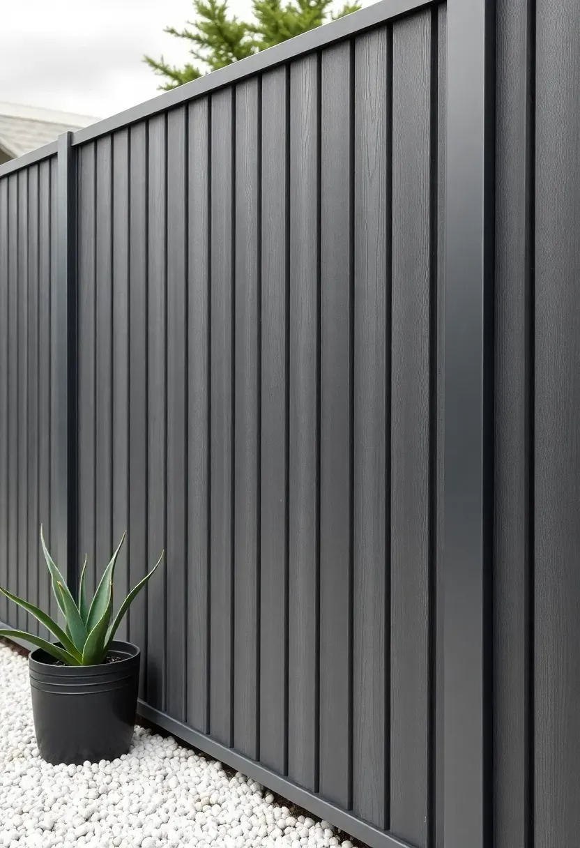 Tongue-and-groove composite privacy fence panels in charcoal gray with aluminum post sleeves in a clean modern backyard