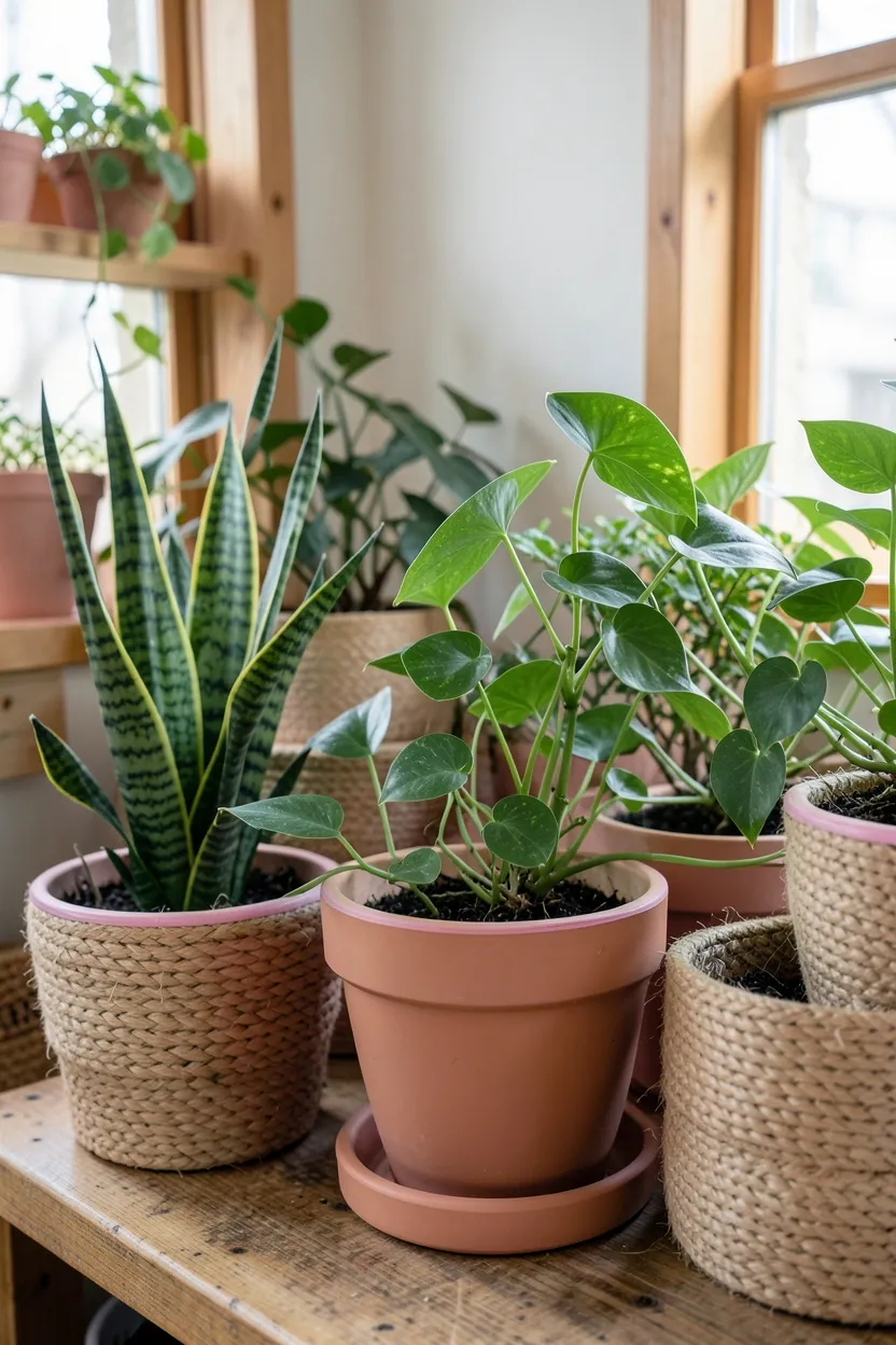 Lush green pothos and snake plant in terracotta pots alongside pink decor accents in boho baby room