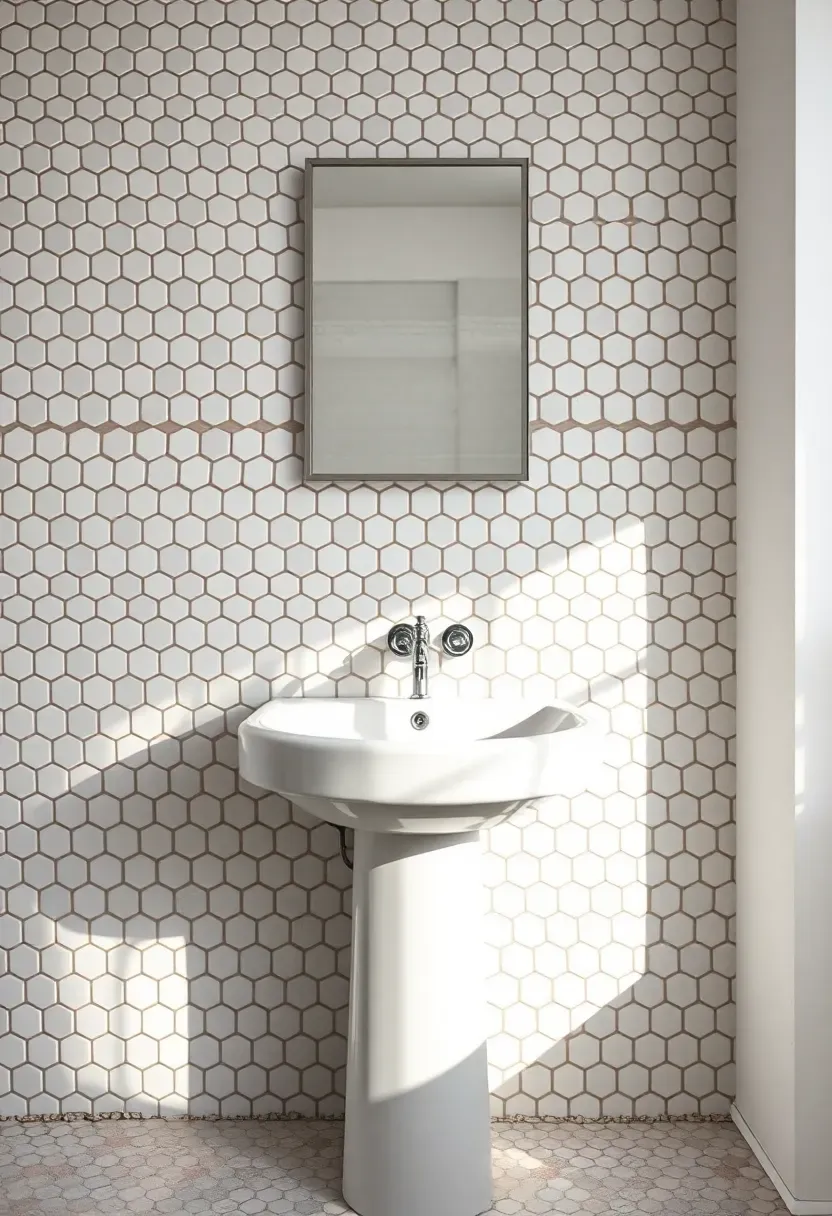 Bathroom wall covered in small hexagonal mosaic tiles in white and pale gray forming a honeycomb pattern behind a pedestal sink