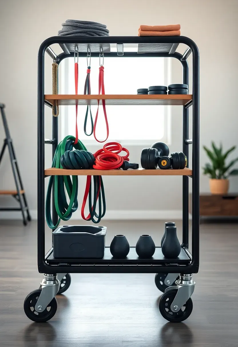 Industrial metal rolling cart stocked with resistance bands, dumbbells, and foam roller serving as a portable home gym station in a small room