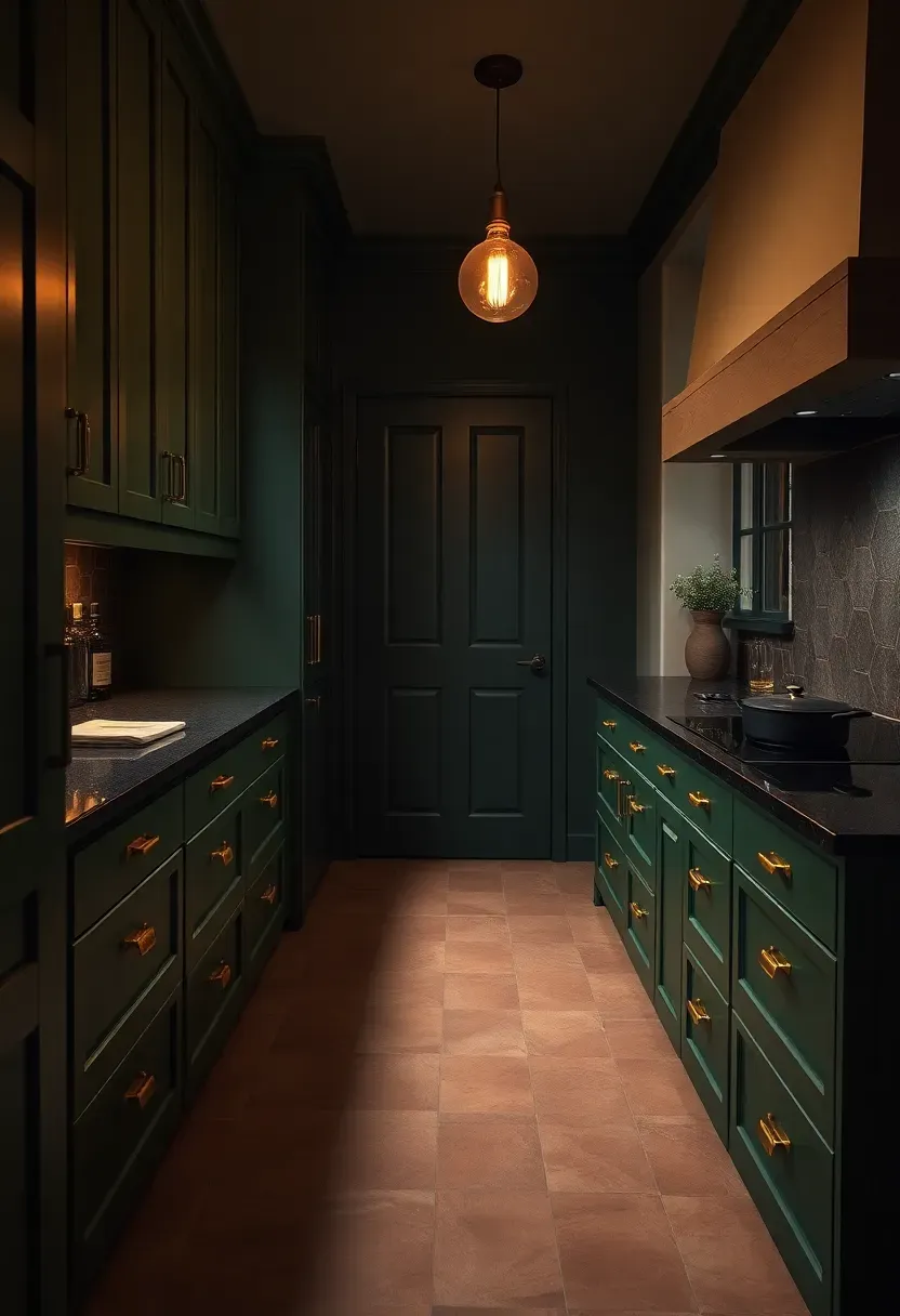 Warm moody kitchen with matte forest green cabinets, aged brass hardware, terracotta floor tiles, and warm amber pendant lights creating a rich evening ambiance