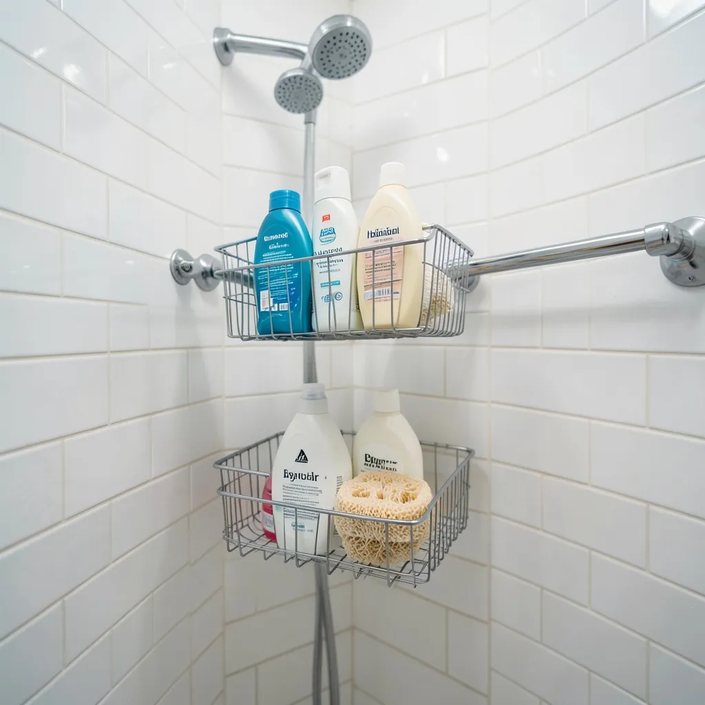Chrome tension rod shower caddy with wire baskets in white shower stall