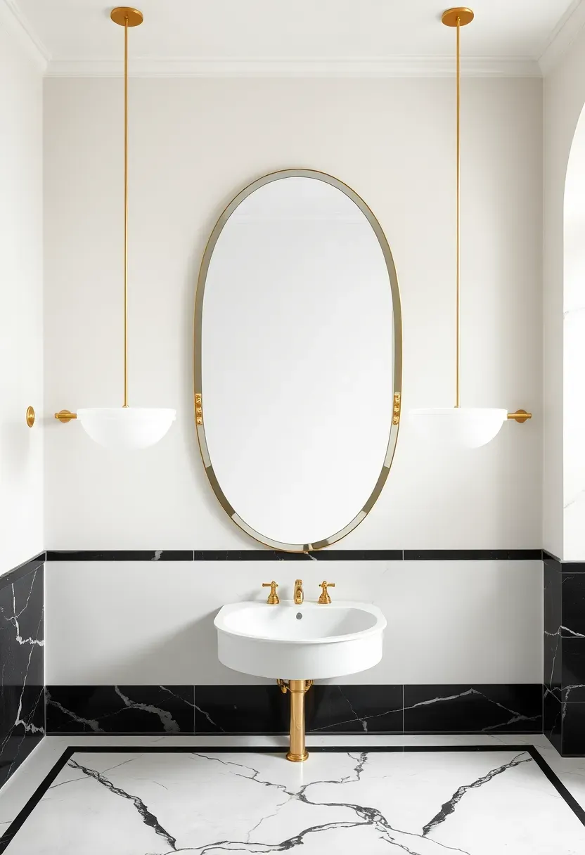 Two frosted glass bowl pendants with brass arms flanking an oval mirror in an art deco bathroom with black-and-white marble