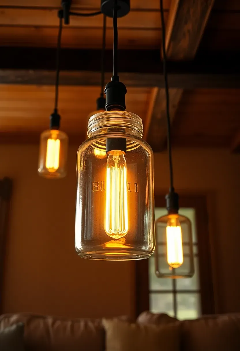 Cluster of three mason jar pendant lights with Edison bulbs hanging at different heights in a farmhouse sunroom with warm golden light and wooden beams above