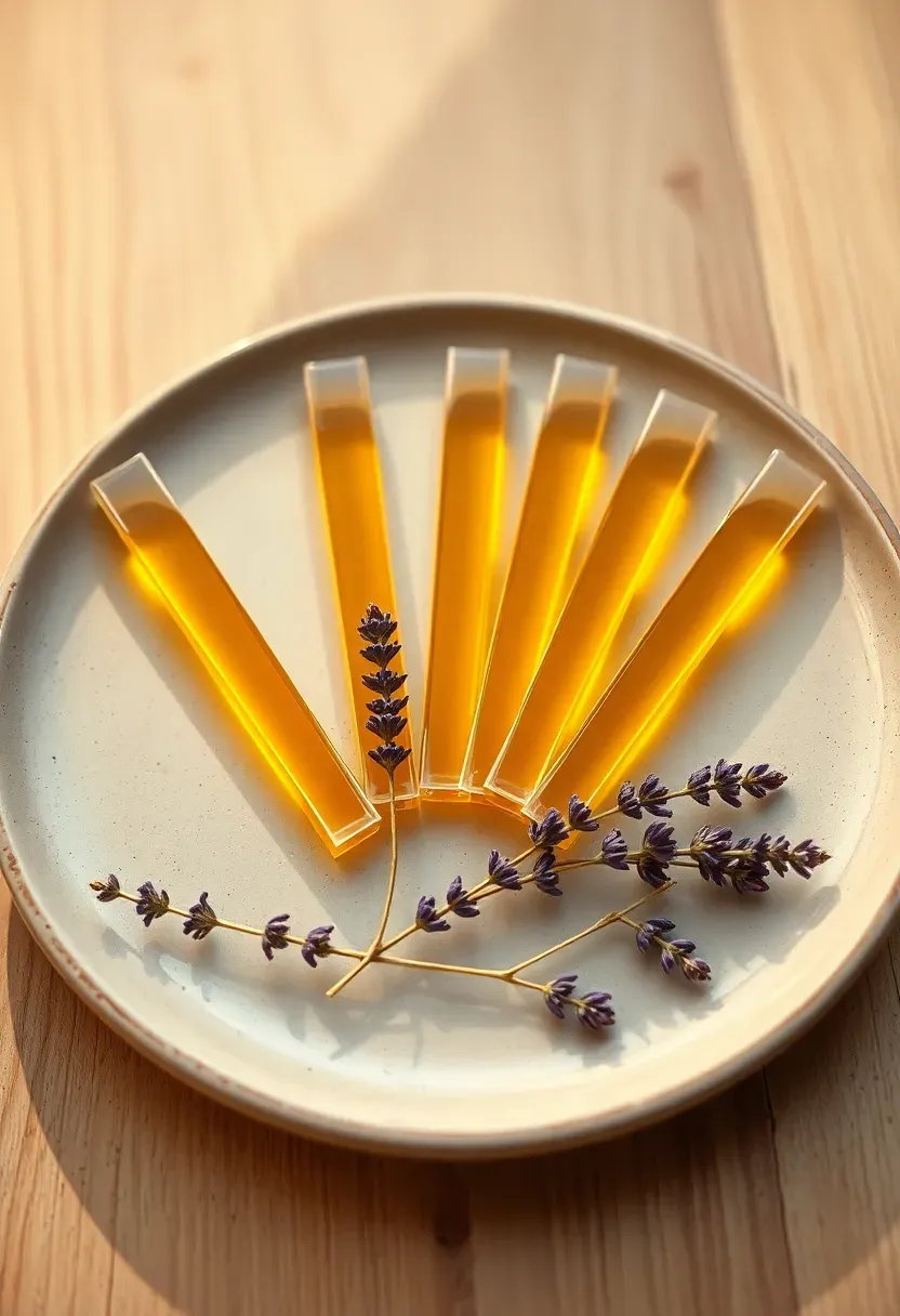 bundle of golden wildflower honey sticks fanned out on a ceramic plate with small lavender sprigs