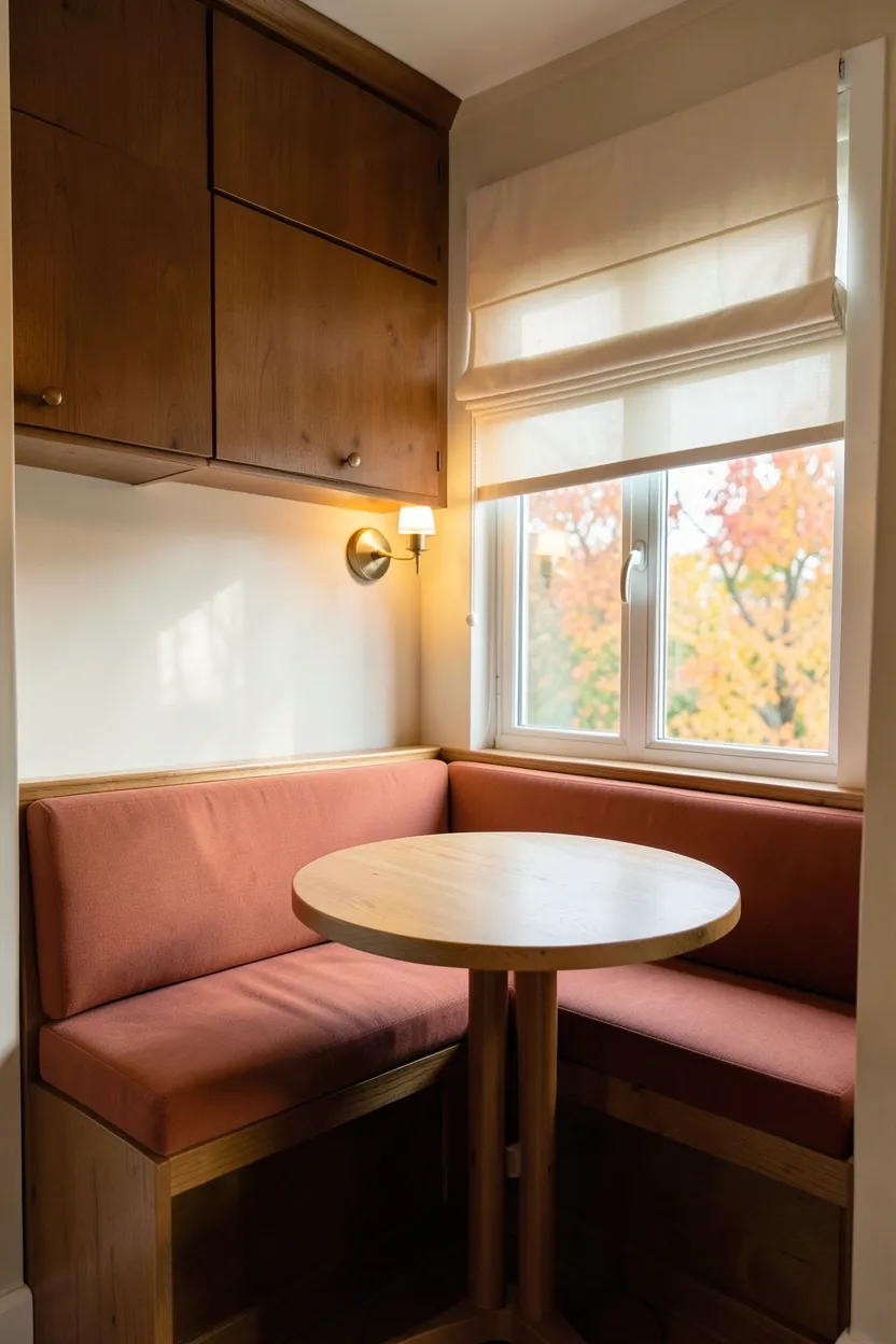 Hyper-realistic eye-level photograph of a kitchen corner nook with window seat. Built-in corner bench with terracotta fabric upholstery and warm walnut frame positioned beneath window. Small round table in light oak creates casual dining surface. Window with cream Roman shades reveals autumn view. Corner nook transformed from unused space to cozy retreat. Upper cabinets in warm walnut visible in background. Warm ambient lighting from brass sconces beside window creates cozy autumnal glow. Natural light filters through window. No text, no logos, no watermarks.</p>