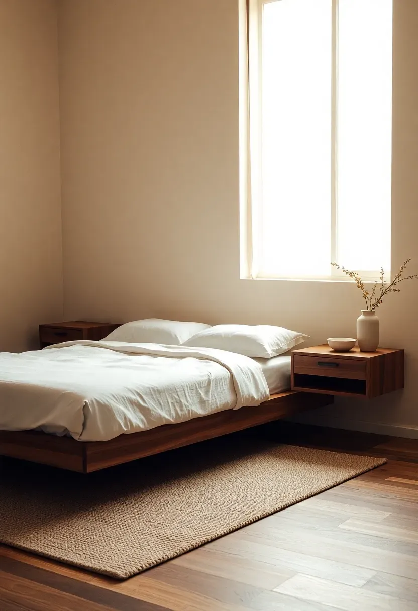 Low-profile bed with floating nightstands