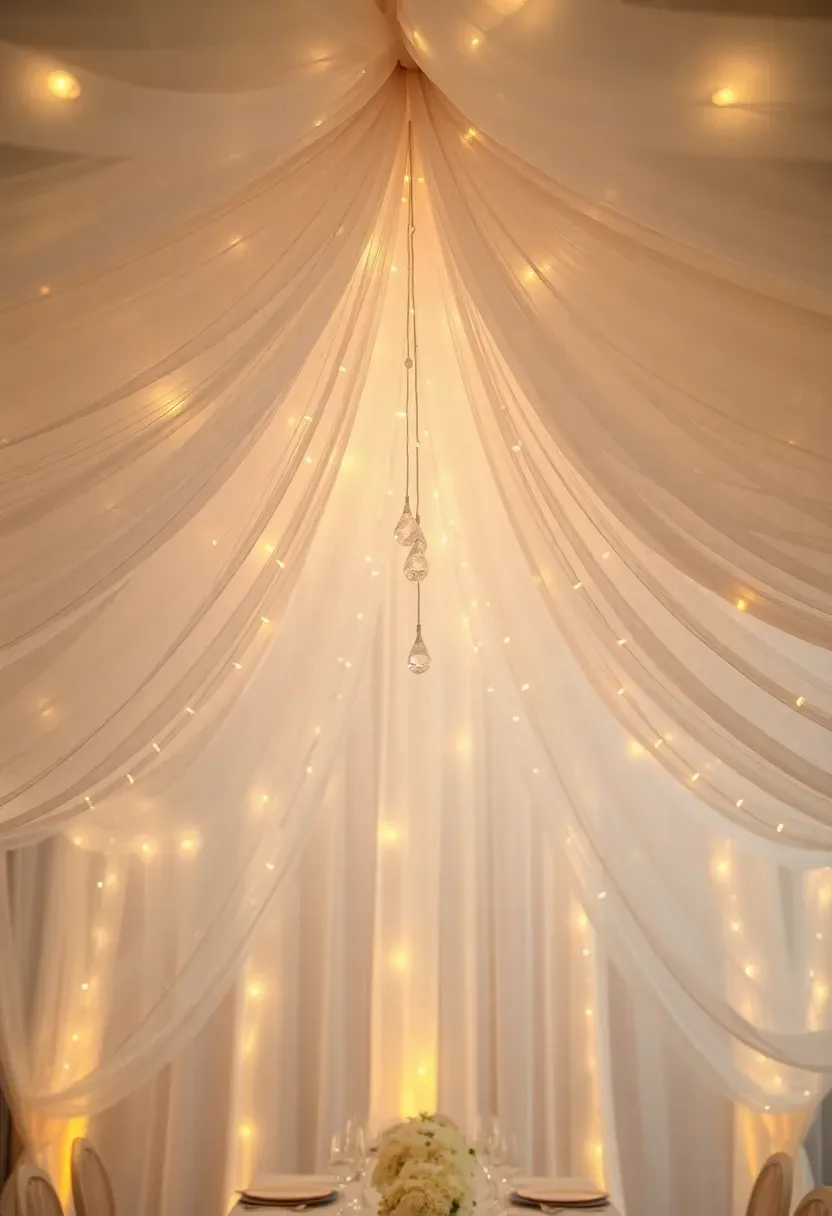 dreamy draped white tulle ceiling canopy over a baby shower dining area with hanging crystal drops warm string lights and soft blush table settings below