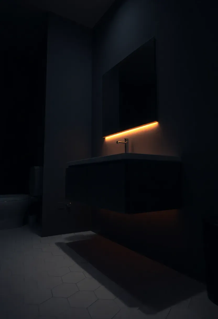Modern floating vanity with warm LED strip light glowing underneath, illuminating the bathroom floor tile at night