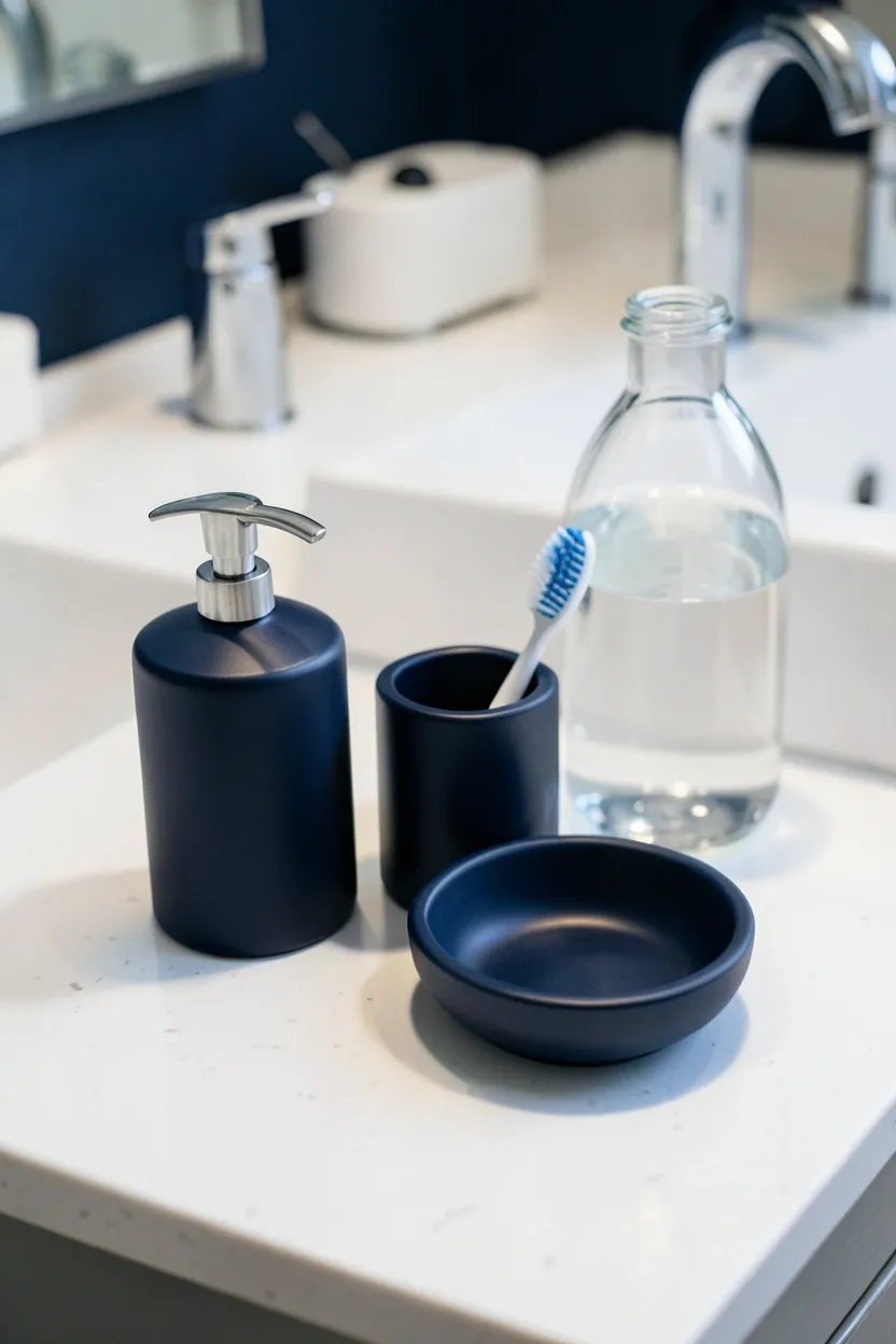 Built-in shower niche tiled in deep green with small trailing pothos plant and white subway tile surround