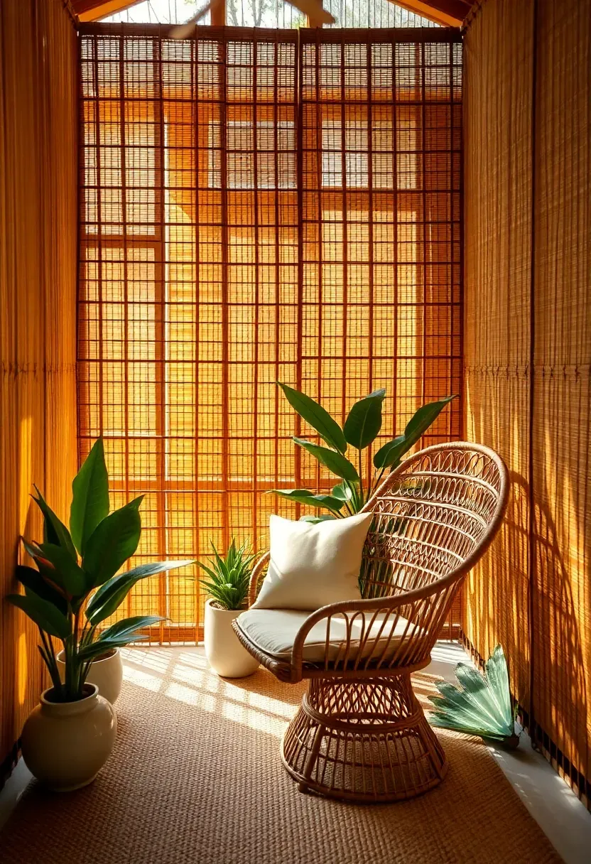 Tall bamboo reed screens creating natural walls around a backyard sun room with tropical plants and rattan furniture