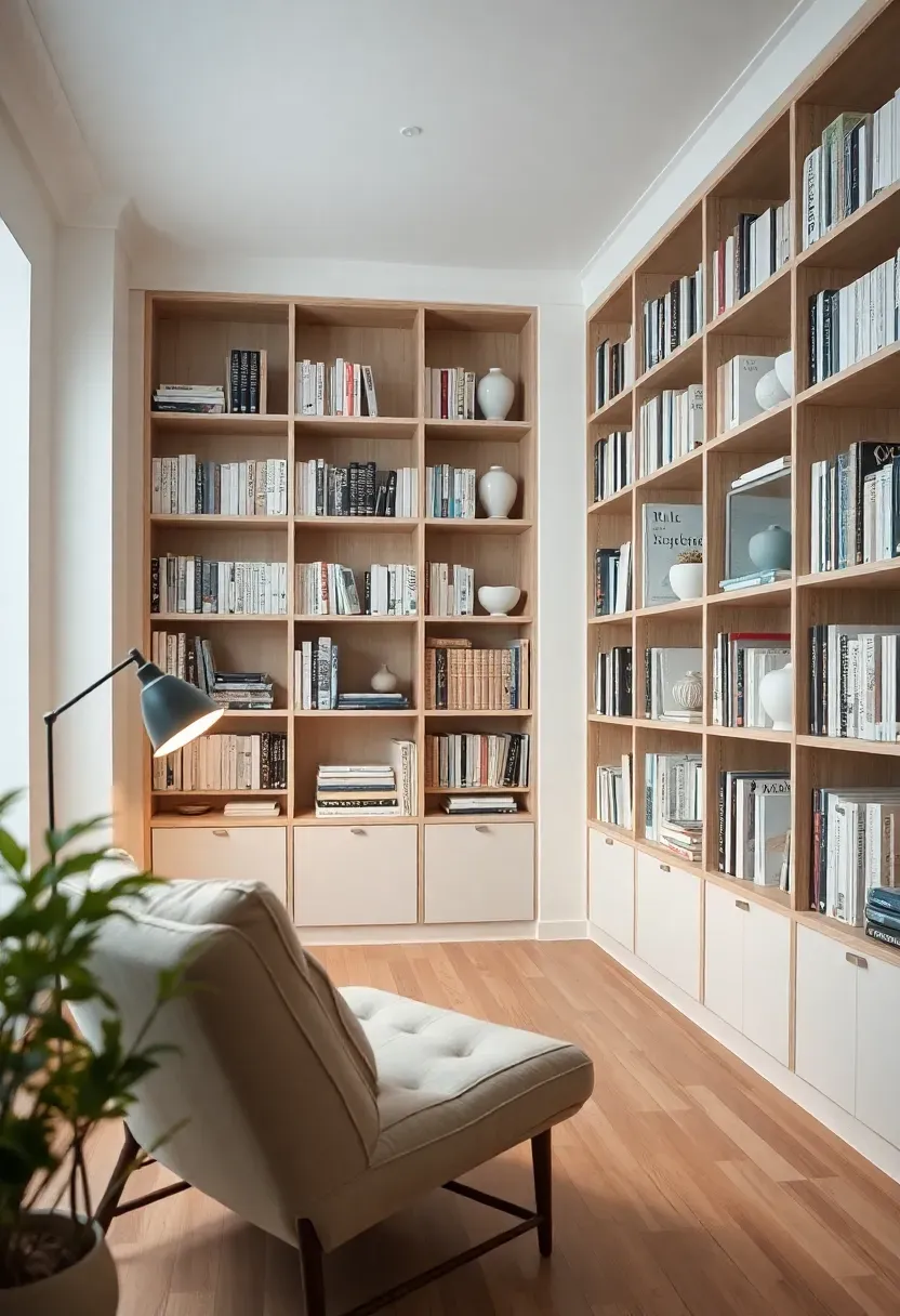 Hyper-realistic 3/4 view of a Nordic living room showing floor-to-ceiling built-in bookshelves crafted from light birch wood, filled with neatly arranged books organized by color with spines mostly white and neutral, interspersed with ceramic objects and a few sculptural pieces, with a comfortable reading chair positioned nearby. Light wood floor, white walls, soft lighting. Materials: vertical grain birch shelving, matte white painted back panels, books with neutral spines, matte ceramic vases, linen reading chair. Warm ambient lighting from floor lamp creating cozy reading atmosphere. Curated but lived-in styling not overly perfect. Shallow depth of field emphasizing bookshelf foreground with chair and room context visible beyond. No text, no logos, no watermarks.</p>