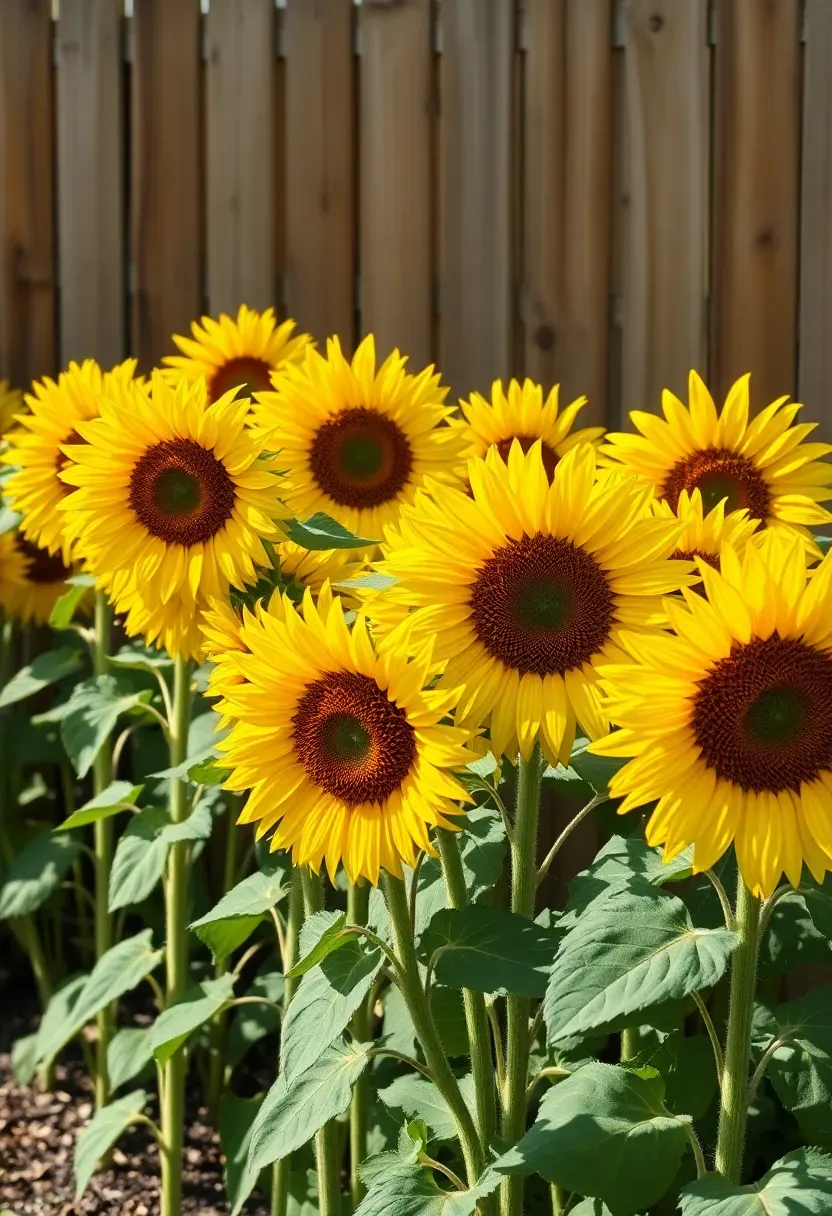 Row of tall sunflowers planted along a wooden backyard fence in full bloom with golden yellow heads creating a cheerful garden wall