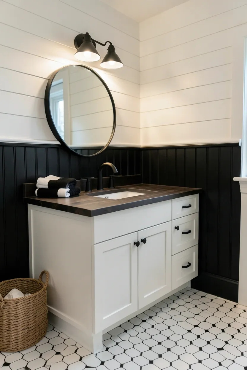 White shiplap walls above black beadboard wainscoting in a modern farmhouse bathroom — textural black and white design