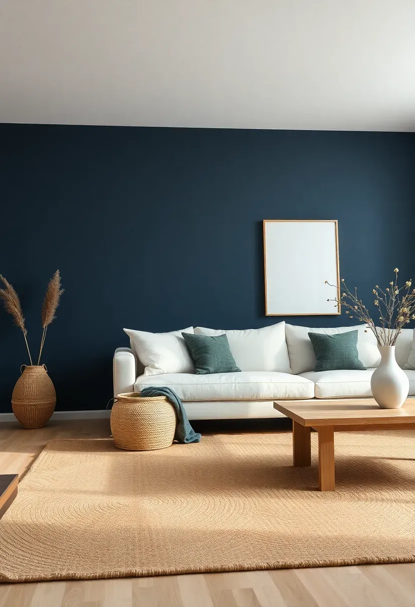 Hyper-realistic wide shot of minimalist living room with navy blue accent wall, cream sofa, large natural jute area rug, jute storage basket, light oak coffee table. Materials: matte navy blue paint, cream linen sofa, natural jute rug with visible weave texture, light oak wood, white ceramic vase. Soft natural daylight, subtle shadows emphasizing jute's nubby texture against smooth navy, organic and sophisticated atmosphere. Sharp contrast between smooth navy and textured jute, clean composition, no clutter, no text, no watermarks.</p>