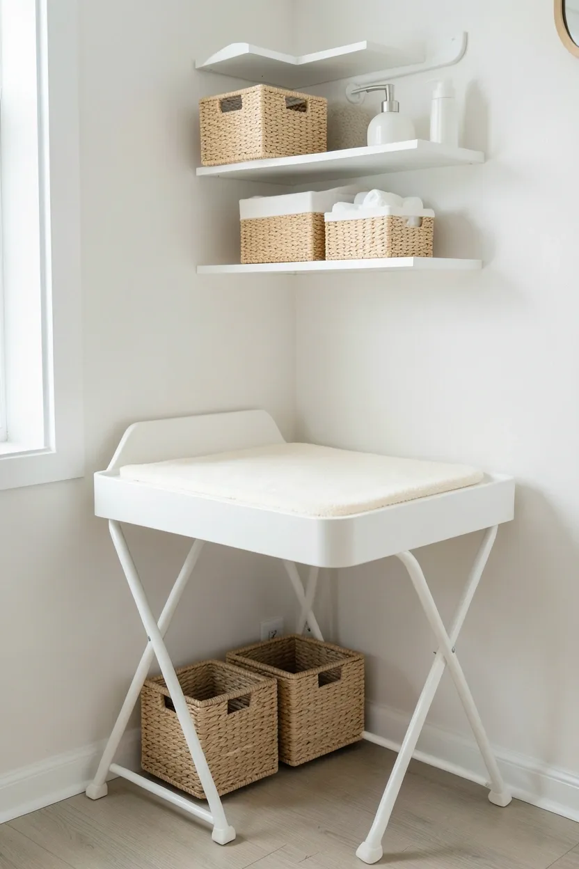 Space-saving nursery corner with wall-mounted folding changing table and floating shelves for diapers in a small master bedroom