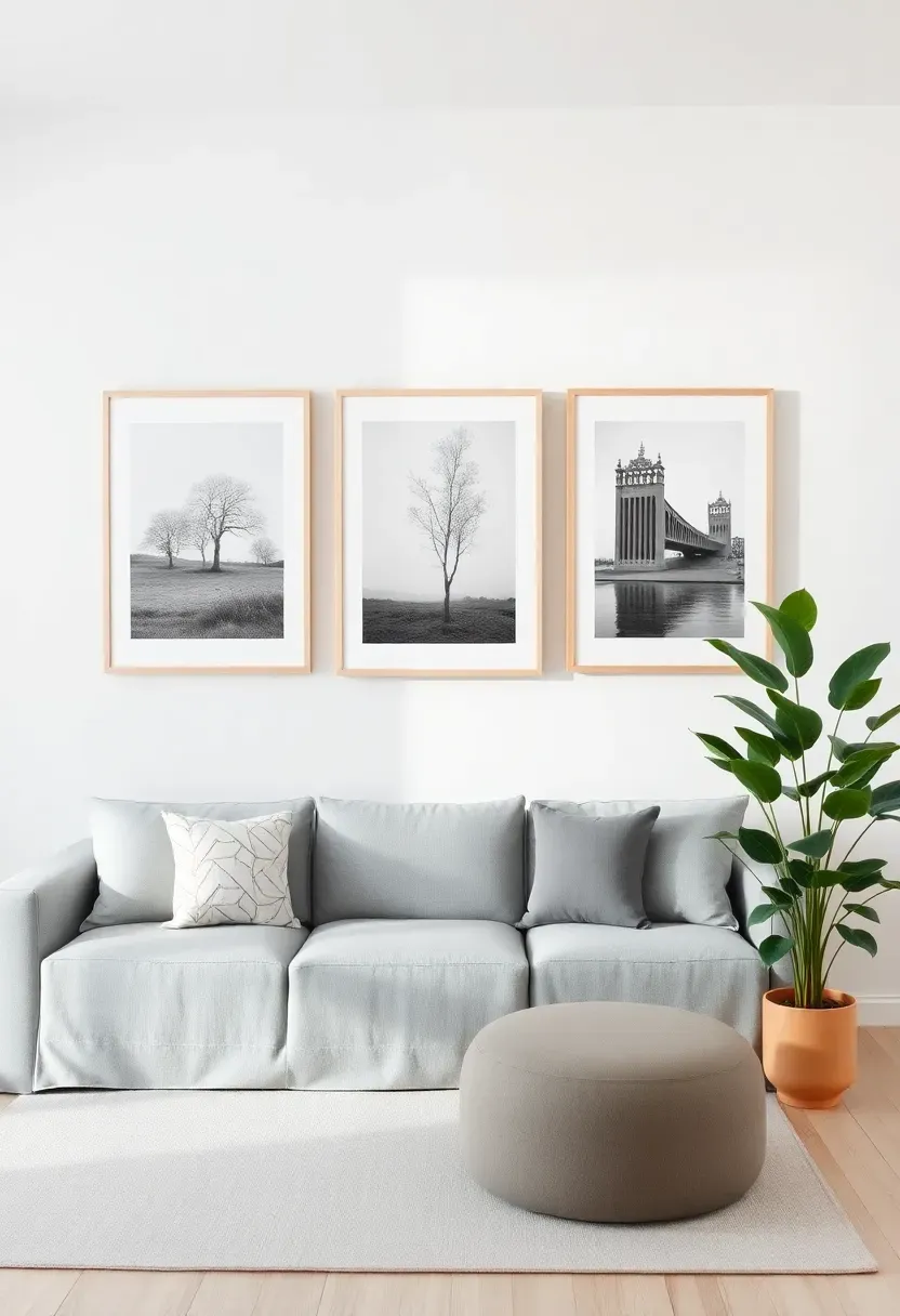Hyper-realistic straight-on shot of a minimalist gallery wall in Scandinavian living room. Three large framed artworks with generous spacing: central abstract nature photograph in white frame, flanked by two black-and-white architectural prints in light oak frames. White wall background. Light gray sofa visible below. Neutral rug, light wood floor. Large potted plant in corner. Bright natural light, serene curated mood. Materials: white oak frames, white matte, photographic paper, gray linen. Soft diffused daylight, shallow depth of field, sharp details on frame and artwork texture, visible room context, no text, no logos.</p>