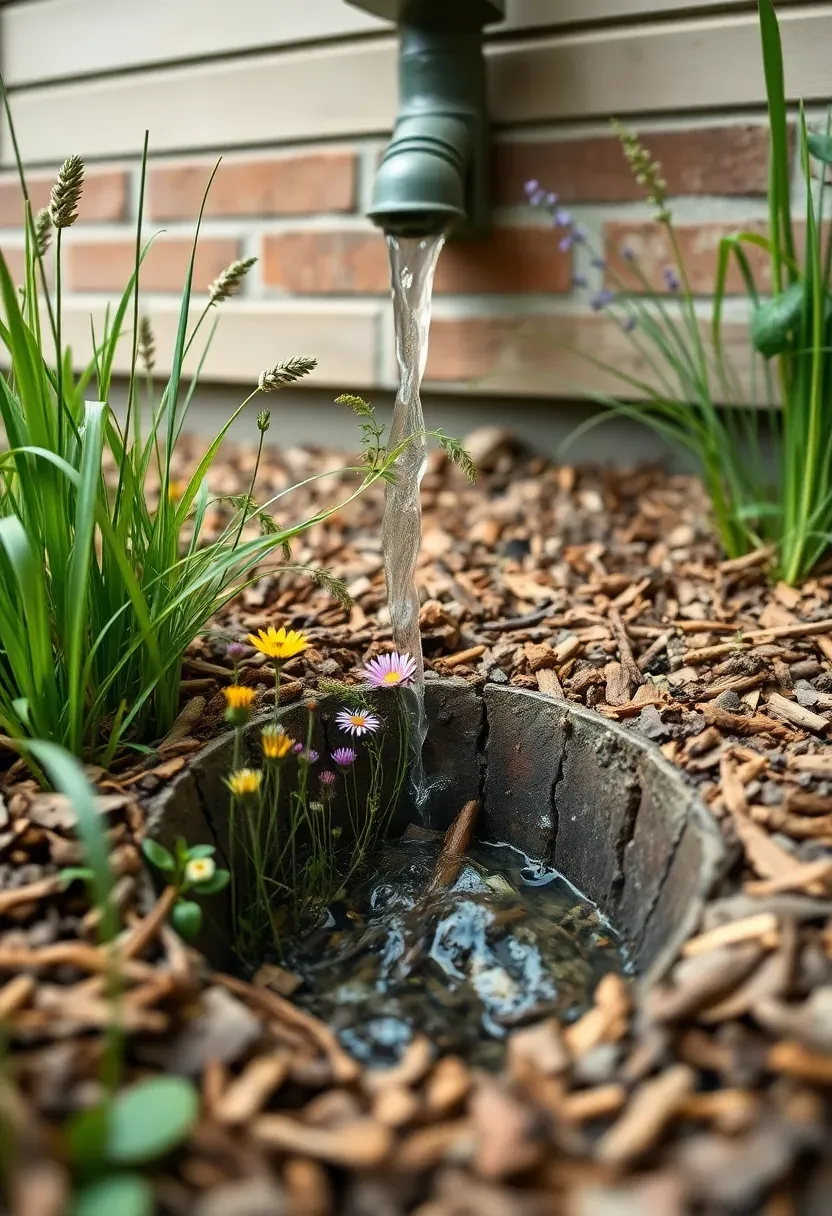 Hyper-realistic 3/4 view of a tiny house rain garden showing shallow depression with native wildflowers, grasses, and downspout directing water into it. Materials: wood chip mulch, thriving native plants, healthy soil, rainwater flow. Biodiverse planting, stormwater management. Ecological landscape design, sustainable drainage. Shallow depth of field, lush vegetation. No text, no logos.</p>