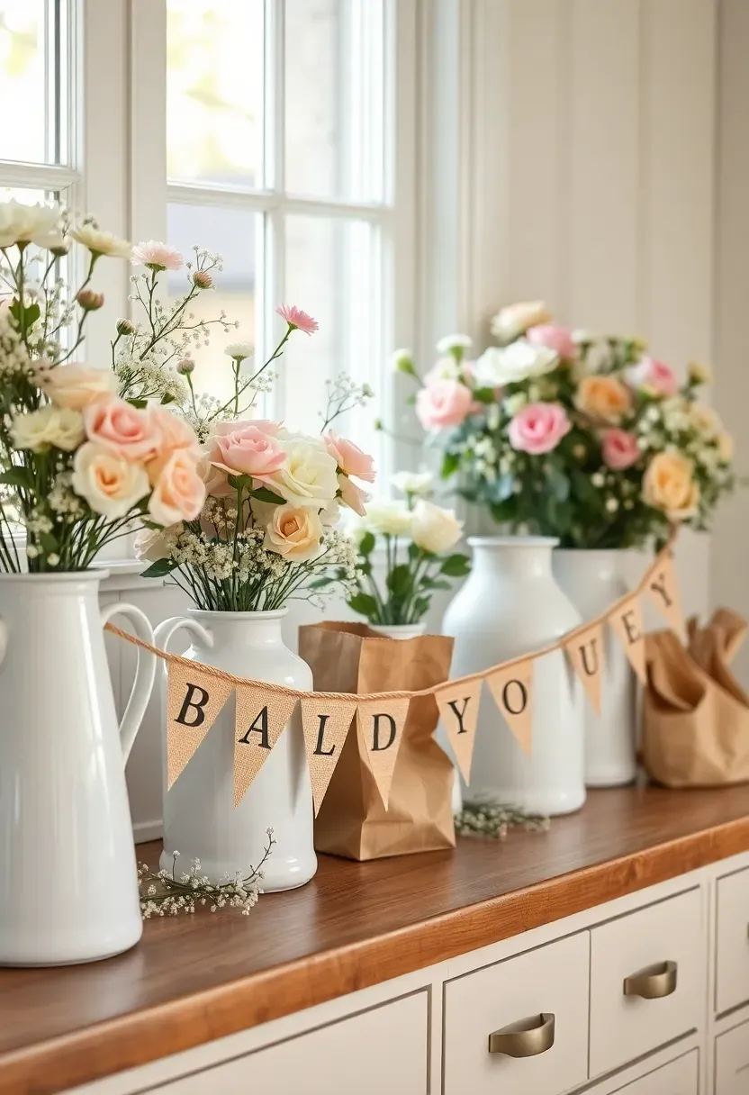 baby shower sideboard flower bar with white enamel pitchers and pennant banner